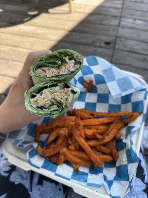 Vegan chicken wrap and sweet potato fries