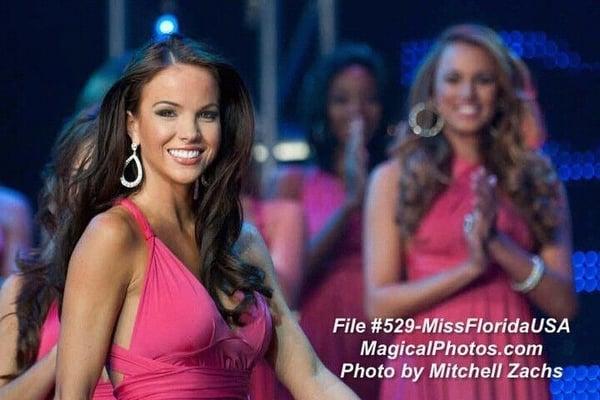 Miss Florida USA contestant on stage during pageant hair by Natalie