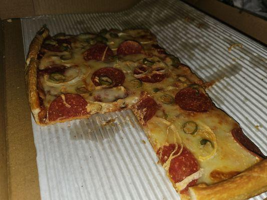 Crust was very thin and a lot of low grade cheese on top of it.