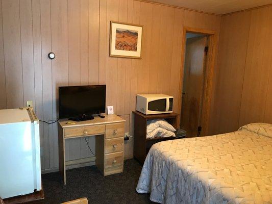 Small room, but very clean and has frig, microwave and coffee maker