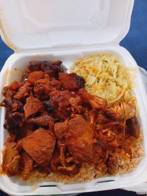 Horrible Brown Stew Chicken, rice & peas (When I order Mac & Cheese) and Cabbage.