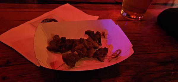 Skewers, perhaps 1.5 oz total for 12 bucks.