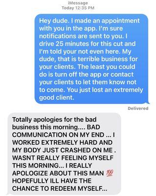 A text message sent to Migo Da Barber telling him about the appointment I made with him.