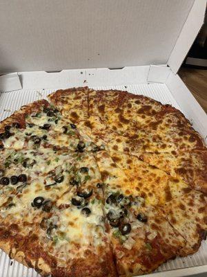 half pepperoni half olives onions and green pepper
