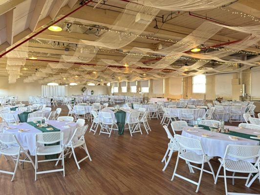 Wedding reception set up in Willamette Heritage Center's Spinning Room