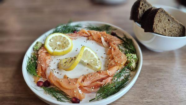 Salmon ring appetizer. Delicious with the pomegranate seeds and dill. Order this with the rye bread! Delicious and vibrant.