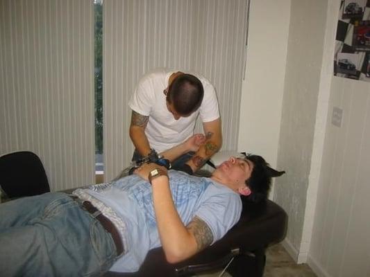 Working on Josh's sleeve.