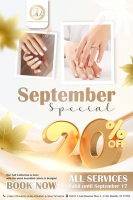 SEPTEMBER SPECIAL
ENJOY 20% OFF ALL SERVICES!
Valid until September 17, 2025