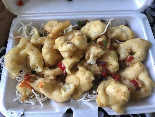 This is their idea of golden brown Five Spice CRISPY Calamari This is pale tan fried dough that is soft and chewy and far from crispy.