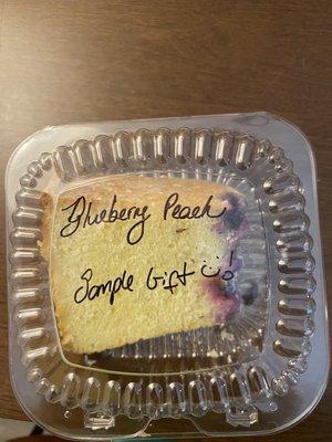 OMG! My Free Sample Gift: Blueberry Peach Pound Cake Slice! Too big to call a sample...