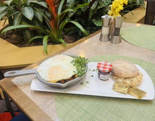 Breakfast chorizo skillet with English muffin. Delicious!!