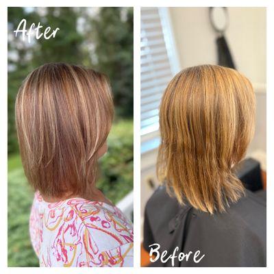 A full foiling service cooled her hair color down and added dimension. Hair by Sarah B