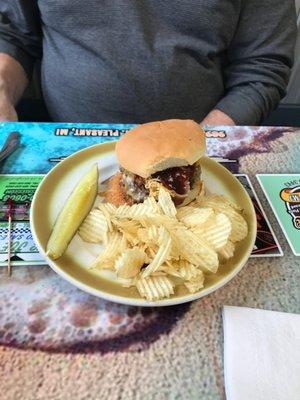 Hickory burger with chips.