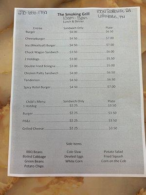 Cheeseburgers, pork chops, fried bologna, sides, kids menu.