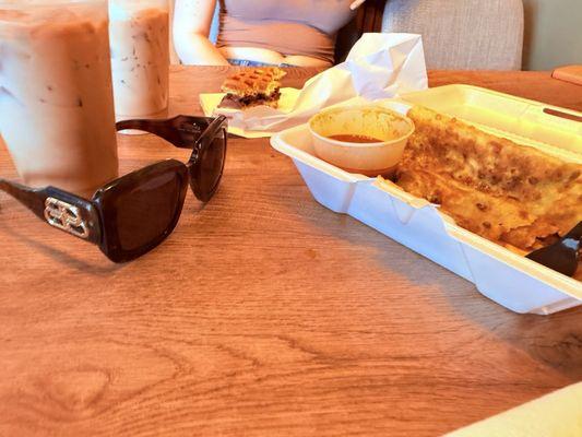 Chicken Murtabak, Waffle with Nutella, iced milk teas