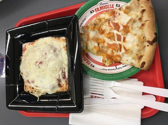 Spaghetti with marinara sauce and buffalo chicken pizza