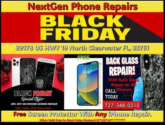 Black Friday is here everyone Come Get Best Prices on Screen Repair, Back Glass Repair & Free Screen Protector With Any Repair on iPhone.