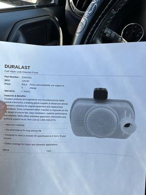 Got the part from auto zone after they checked why my check engine light turned on on my Jeep wrangler 2016