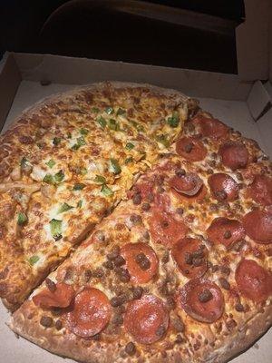We originally had 2 large, one was buffalo chicken and bell peppers, other is pepperoni and beef!