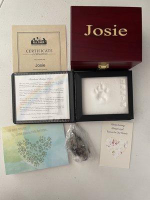 $250 package (private cremation, urn, cremation certificate, wildflower seeds, card, and paw print). Fur clipping was $15