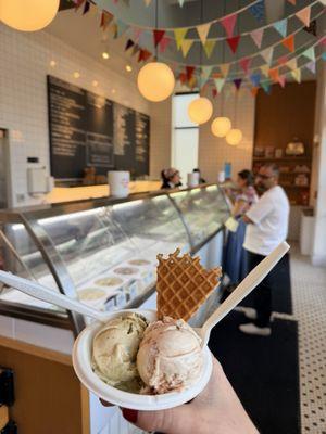 Seasonal flavor of goat cheese cherry and pistachio macaron