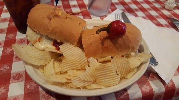 Pizza burger with chips