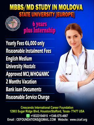 MBBS MD PROGRAM MOLDOVA STATE UNIVERSITY IN EUROPE
WITH LESS FEES AND SCHOLARSHIP
