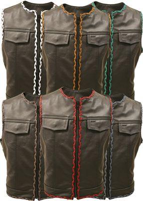Men's leather biker vest with side lace and colored braiding