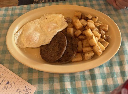 2 Over Medium Eggs with Sausage and Home Fries