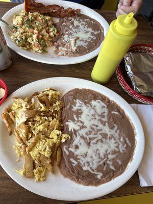 potato, egg and beans breakfast plate with tortillas a la mexicana with bacon and eggs and tortillas as well