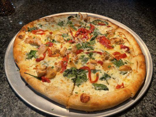 One of their special pizzas, Chicken Florentine. It was so good with their white sauce and touch of roasted garlic.