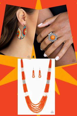 This beautiful set comes with a necklace which includes complimentary pair of earrings, ring with elastic back, multi color hoop earrings