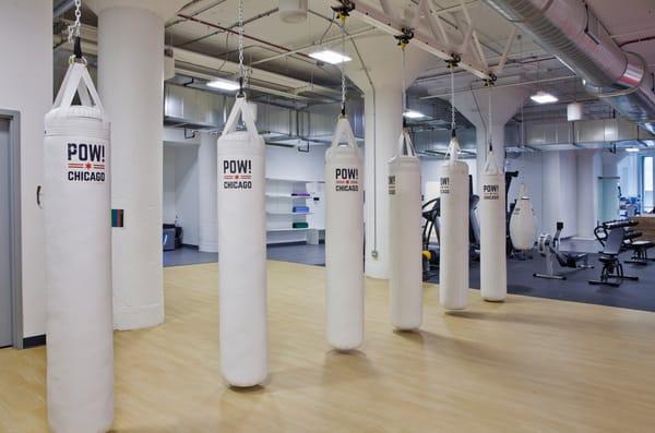 This is POW's new space at 310 S Racine - this is our boxing area. The bags move and some lower from the ceiling.