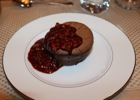 Molten Lava Cake with Fresh Raspberries and Caramel Sauce - amazingly good!!