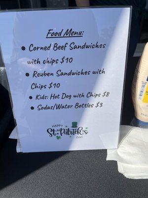 St Patrick's Day food menu. Beer was available inside and outside. Prices were fair.