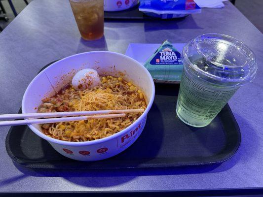 Ramen with drink and onigiri for later