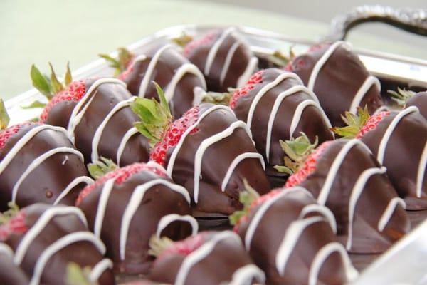 Chocolate covered strawberries served year around.