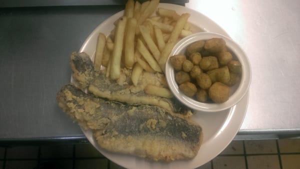 Mouth watering fried whiting with fries and fried okra.