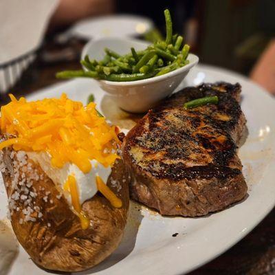 New York Strip, baked potatoe, and green beans