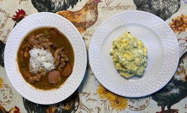 Chicken & Sausage Gumbo with Potato Salad