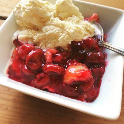 Cherry cobbler and ice cream