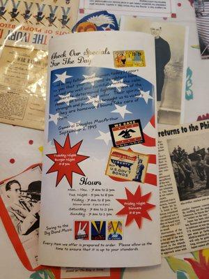 Back of the menu with hours