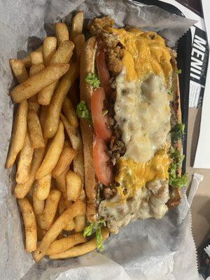 Chopped fish sandwich and fries