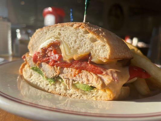 C,R, A ,B sandwich
Grilled chicken roasted red peppers, avocado, bacon