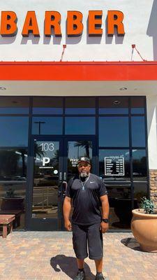 Hubby David outside of PERSPECTIVE BARBERSHOP
