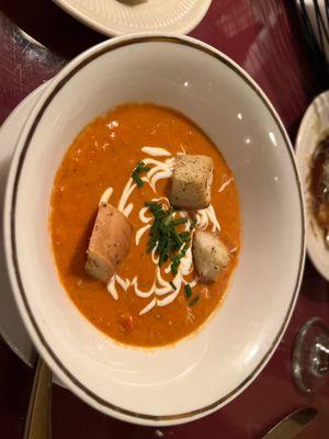 Soup du jour- smoked Gouda, bisque with crème fraîche, fresh chives, and croutons