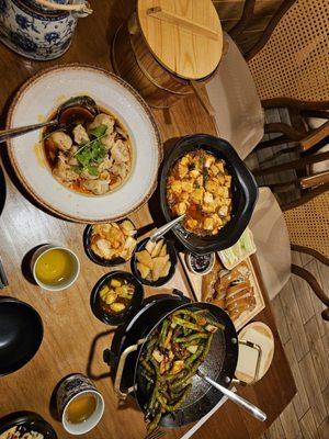 Pecking duck, string bean, mapo tofu with rice, jasmine tea