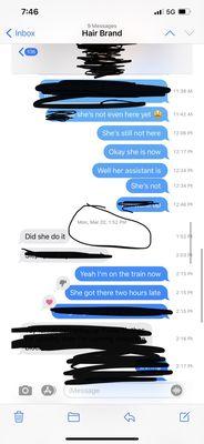 Telling my sister that she was late.
