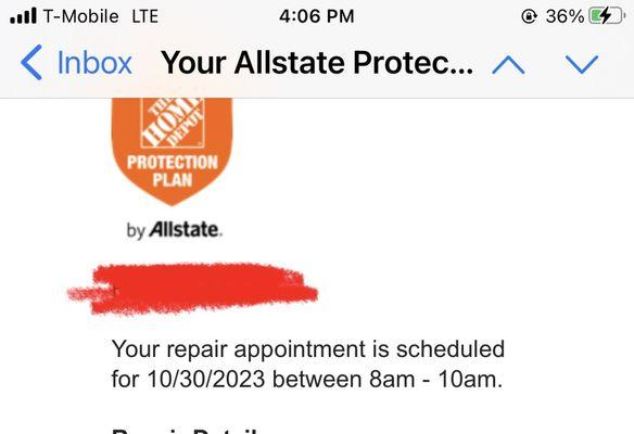 The original appointment made on 10/25/23 for the tech to fix the stove on 10/30/23 between 8-10am