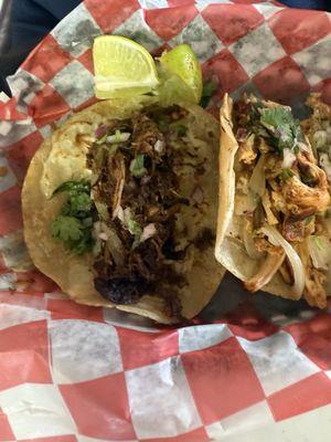 Tacos - one barbacoa de res (beef), and one pollo (chicken). Both amazing!